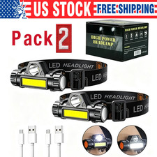 2 Pack LED Headlamp Headlight Flashlight USB Rechargeable Waterproof Head Light