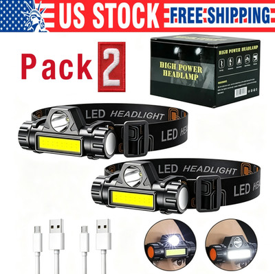 2 Pack LED Headlamp Headlight Flashlight USB Rechargeable Waterproof Head Light
