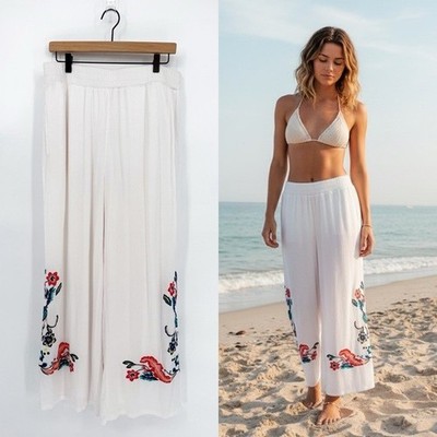 Curations Large Floral Embroidered Crinkle Fabric Beachy Wide Leg Pants White