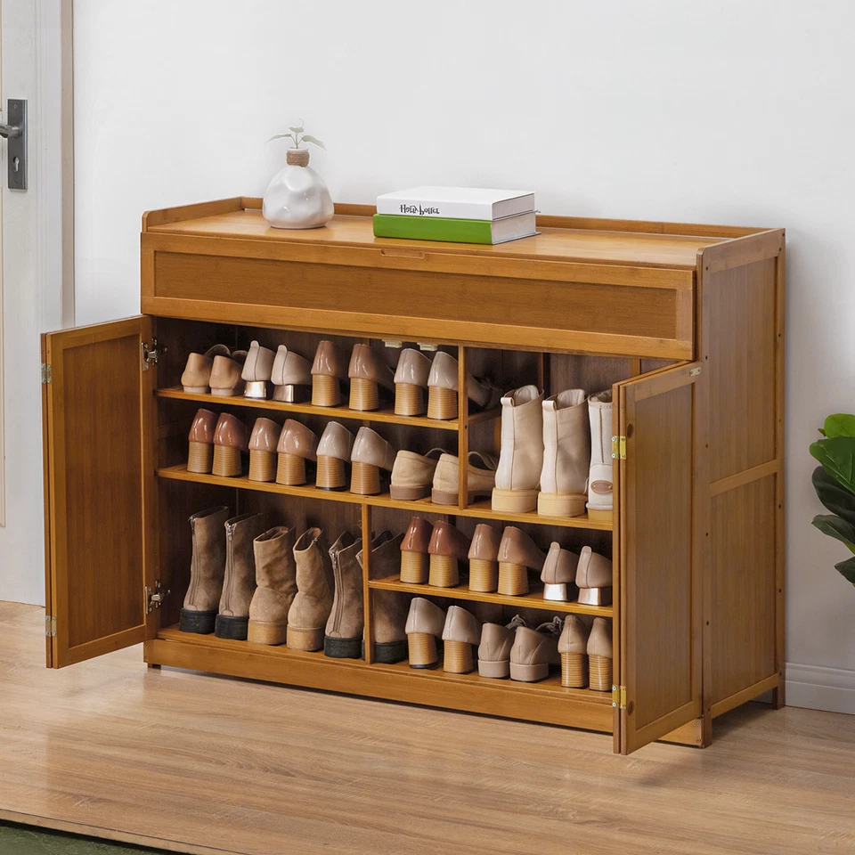 46-дюймовый бамбуковый 5-уровневый [комната для хранения ботинок] 2 двустворчатых дверных обувных шкафа с верхним отделением - Изображение 3 из 4