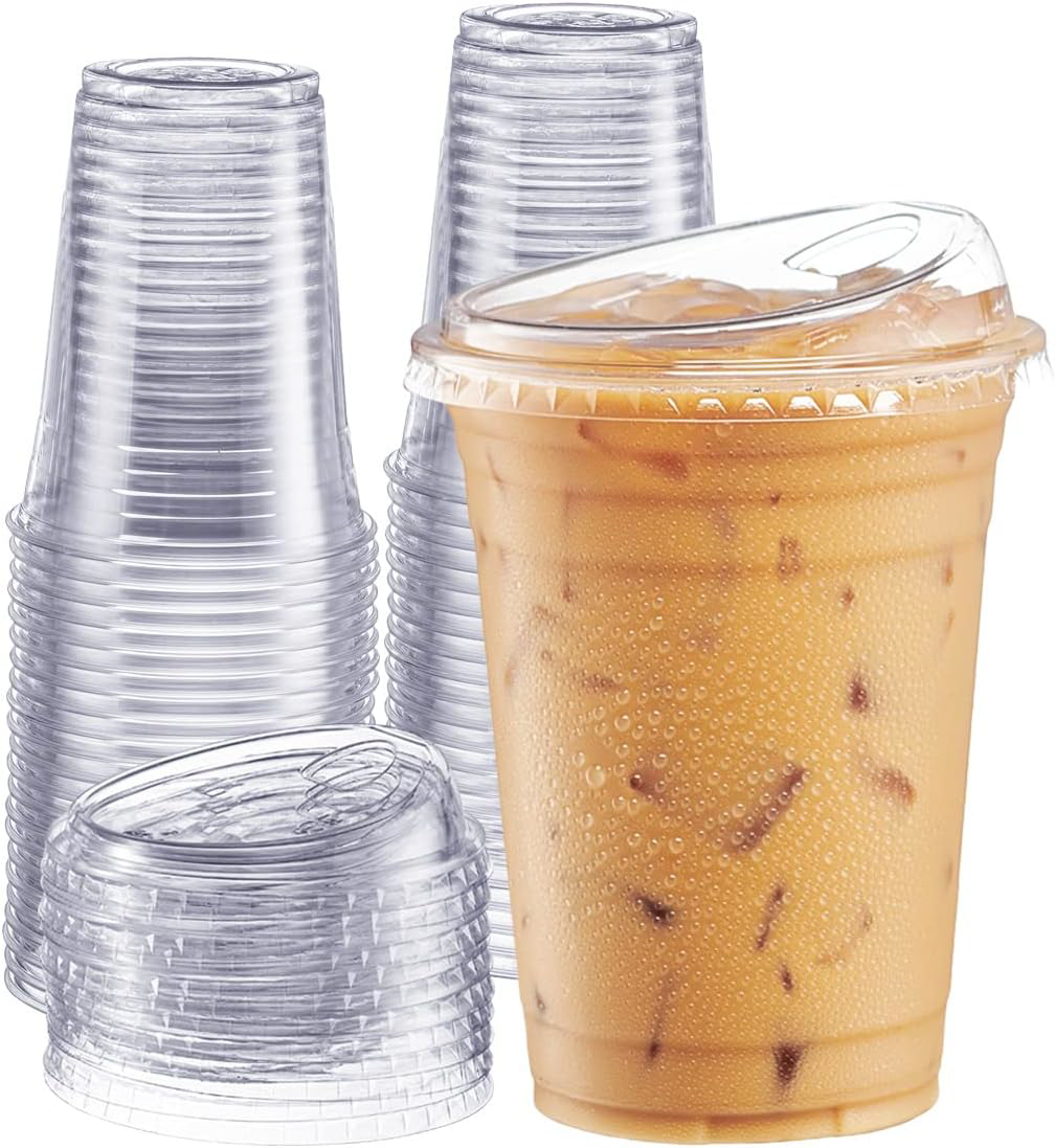 Comfy 16 oz Disposable Plastic Cups 100 Count with Sip-Lids for Cold Drinks