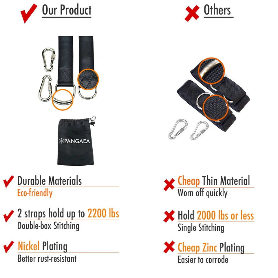 [Set of 2] 5FT 2200LB Tree Swing Hanging Hammock Straps Kit Nylon Carabiners - Image 2 of 4