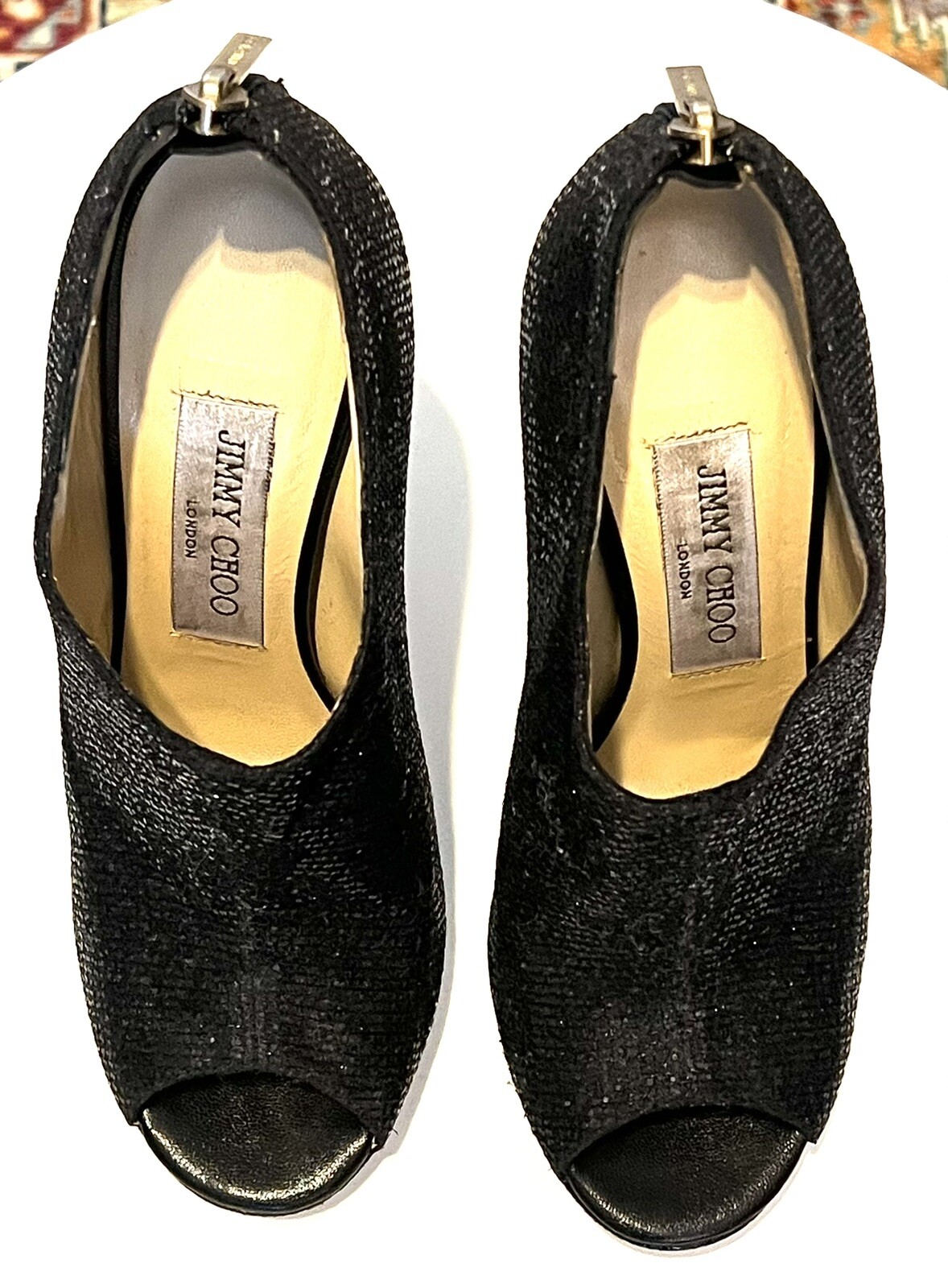 Jimmy Choo Black Glitter Open Toe Ankle Booties, size… Gem