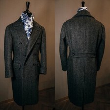 Herringbone Men's Long Overcoat Warm Double Breasted Tweed Formal Men Overcoat