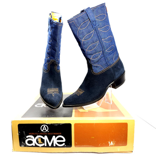 Vtg 70's ACME Blue Denim & Suede Cowboy Boots Men's 11 D Rockabilly Western Rare - Image 1