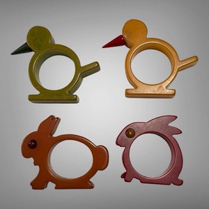Set of 4 Vintage Bakelite Bunny and Birds Napkin Rings
