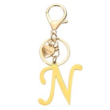 Initial Letter N Keychain, Stainless Steel Heart Alphabet Key Ring, Gold