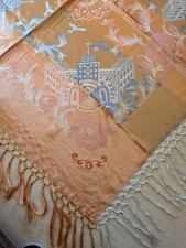 Vintage 40's Taj Mahal Silk Brocade Piano Shawl with Bi Planes Oranges Blues 57"
