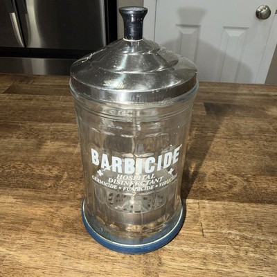 Vintage Barbicide Disinfectant Glass Jar Container King Research Inc -8'' Tall