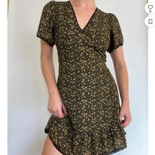 Urban Outfitters Black Yellow Floral Lace Trim Tie Back Ruffle Mini Dress US M