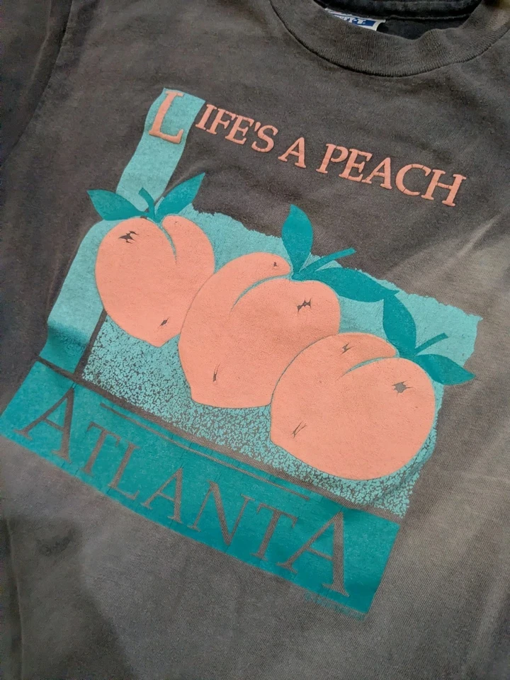 Vintage 90s Atlanta Peach Single Stitch T-Shirt Women’s M USA Made Tye Die Fade - Image 4 of 4