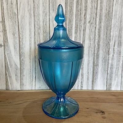 VINTAGE CELESTE BLUE IRIDESCENT STRETCH GLASS  COVERED CANDY JAR FENTON??