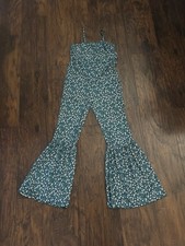 SHEIN Girls Floral Jumpsuit Bell Bottom Teal Turquoise Pink Stretchy Teen 11-12