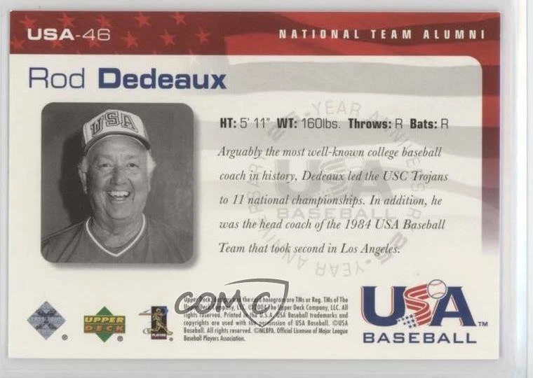 2004 Upper Deck USA Baseball 25-Year Anniversary Rod Dedeaux #USA-46 - Image 2 of 2