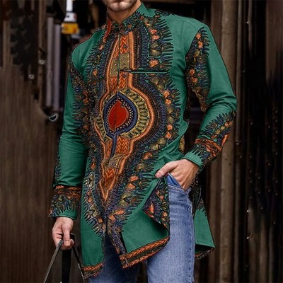 Men's African Dashiki Dress Shirt Long Sleeve Pullover Ethnic Party Shirts Tops