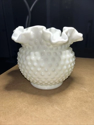 Fenton Ruffled Hobnail Milkglass Rose Bowl Vase Ruffled Edge