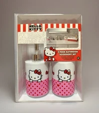 NEW Hello Kitty 3pc Bathroom Accessory Set Toothbrush Cup~Soap Pump~Storage Bin
