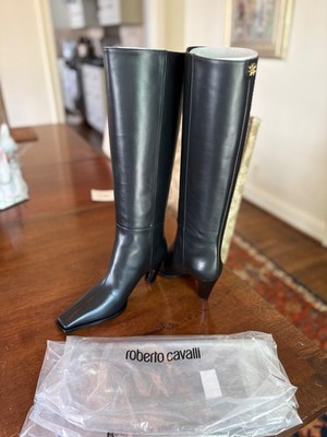 Roberto Cavalli Black Leather Knee High Boots Size 38   New w/ Tags