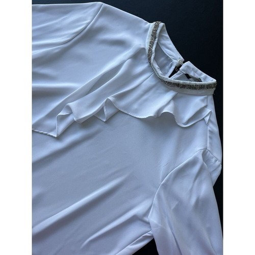 Zara Women's White Flowing Blouse Shirt With Beaded Collar Small S 3/4 Sleeves - Picture 3 of 10