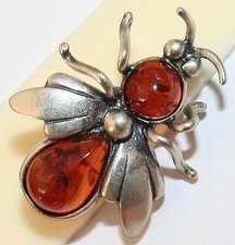 VINTAGE SILVER NATURAL EGG YOLK HONEY BALTIC AMBER BUMBLEBEE INSECT PIN BROOCH