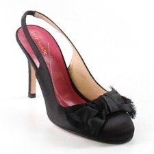 KATE SPADE NEW YORK AUTH 399 Women Black Satin Front Bow Heel Slingback Sz 9.5