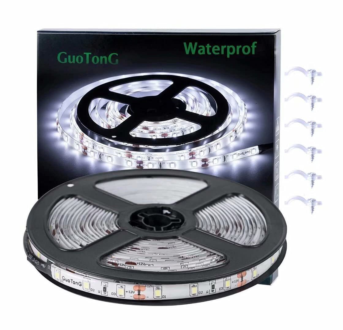 White LED Strip Lights, Waterproof cuttable 300 SMD 2835 LED Tape, 6000K 12V ...