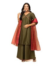Women's Green Silk Blend Straight Kurta with Palazzo and Dupatta