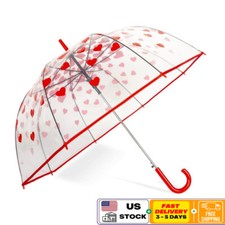 52" Auto Open Red Hearts Bubble Umbrella Clear PE Canopy Plastic Crook Handle
