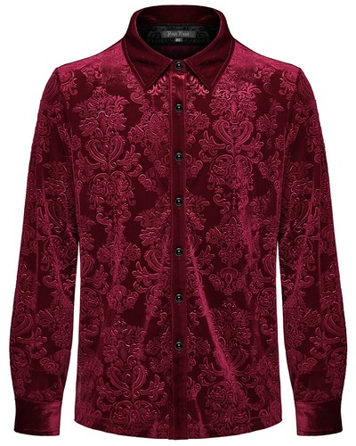 Punk Rave Mens Gothic Aristocrat Embossed Velvet Damask Shirt - Red