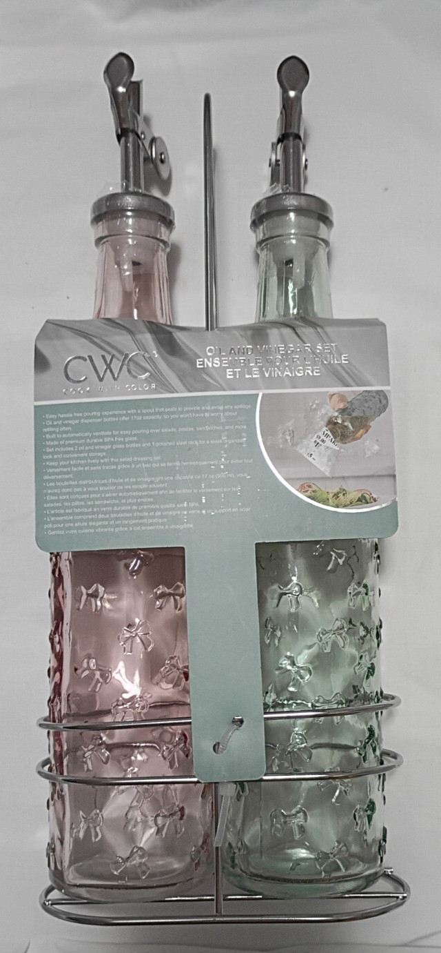 Cook With Color CWC Glass Gold Oil & Vinager Dispensers Pink & Green 17oz