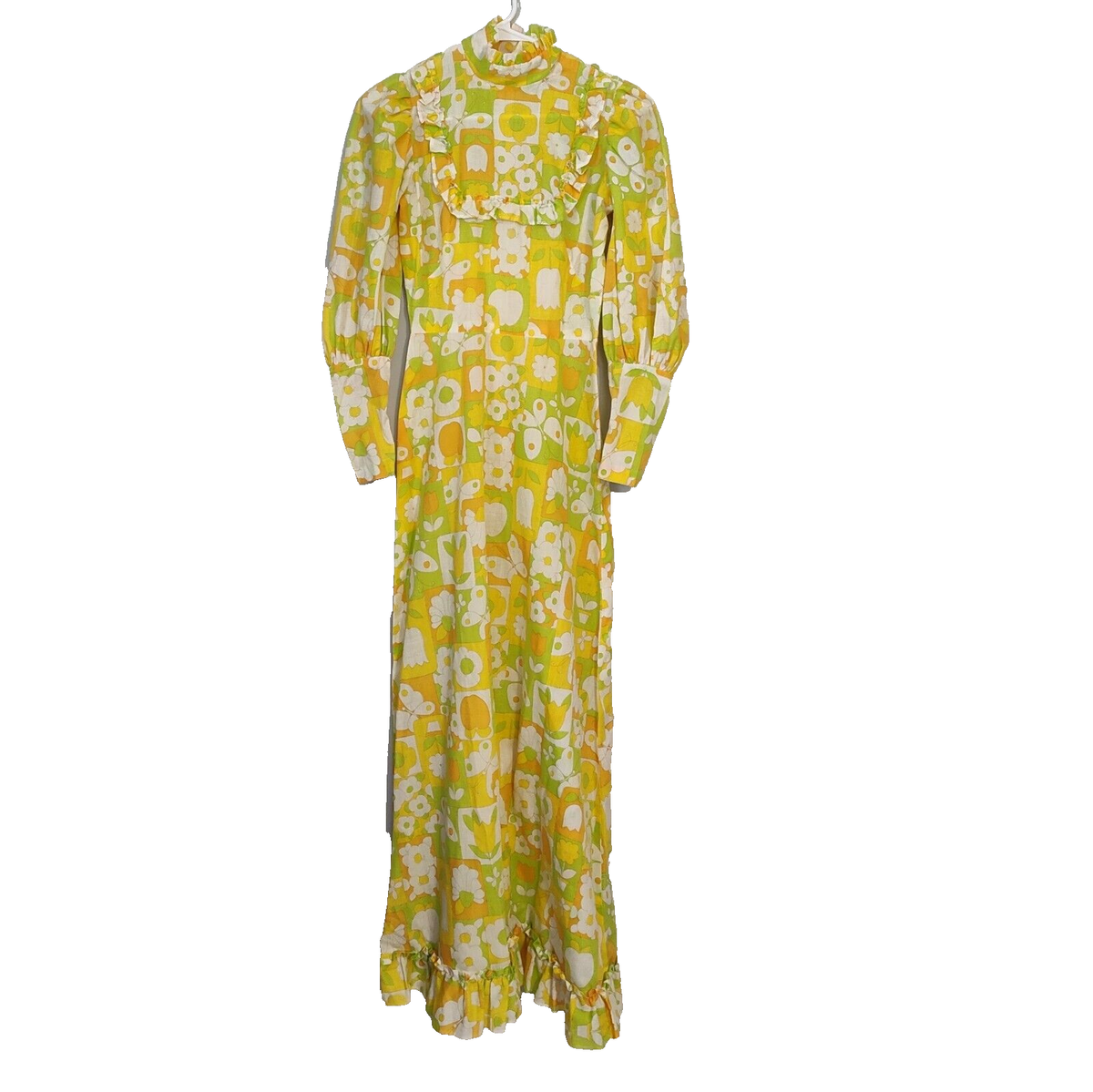 Vtg 60/70s Homemade Bright Floral Maxi Dress Long Sleeve Ruffle Yellow S/XS  | eBay