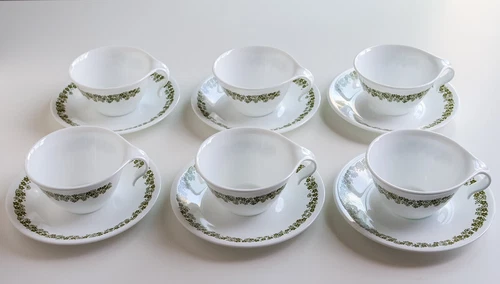 Set of 6 Corelle by Corning Ware Crazy Daisy Spring Blossom Green Cups & Saucers