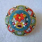 Vintage Micro Mosaic Brooch Costume Jewelry Signed Italy Gold Floral Design