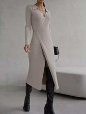 Gray Ribbed Tied Collared Neck Long Sleeve Sweater Dress