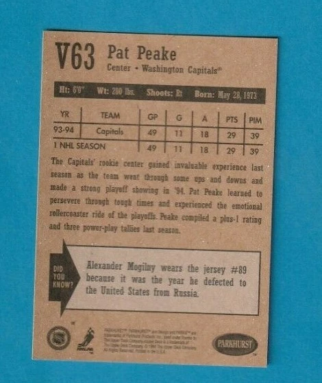 1994-95 Parkhurst VINTAGE insert # V63 Pat Peake WASHINGTON CAPITALS - Image 2 of 3