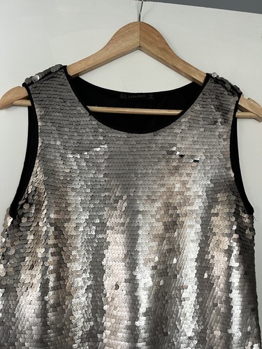 Zara Silver Sequinned Dress Short M Medium Metallic Festival - Picture 2 of 11