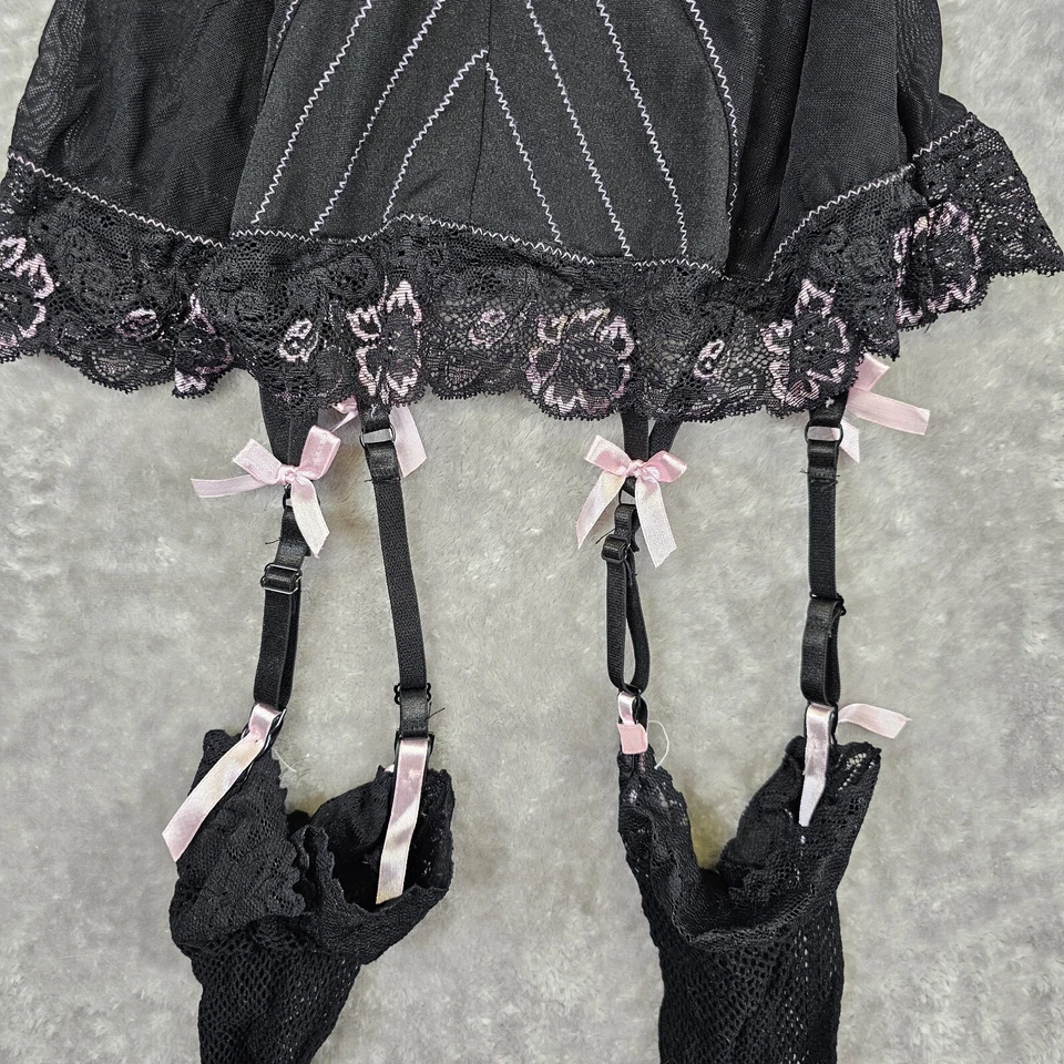 VTG Rene Rofe Bustier S/M Clips for Fishnet Stockings Black Pink Trim Bows Lace - Image 4 of 4