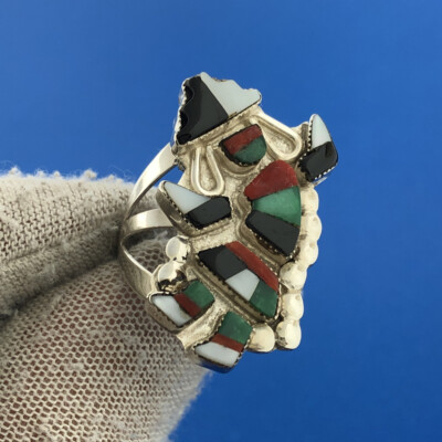 Vintage Native American Unsigned Sterling Silver Multi Stone Inlay Kachina  Ring