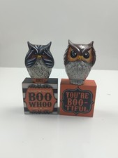 2 Retro Owls Halloween Decor Table Signs Black Orange Resin Wood 7.5 H