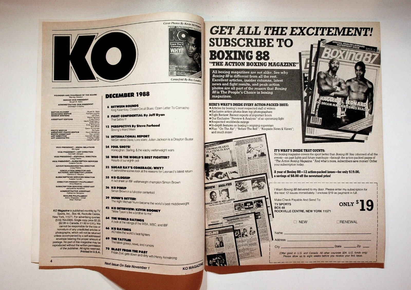 1988 December KO Knockout Boxing Magazine Sugar Ray Leonard Tyson Rooney Nunn - 画像2/6