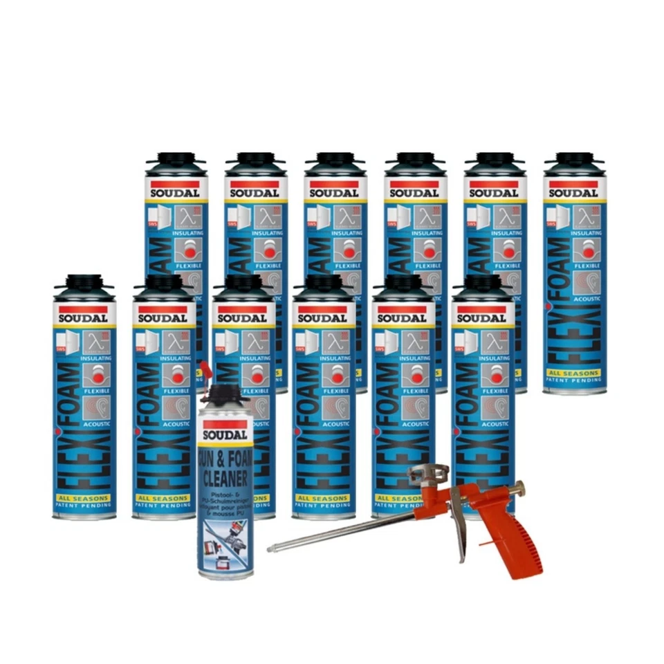 Kombisets Soudal Flexifoam Fensterschaum Flexschaum 500ml mit Reiniger + Pistole