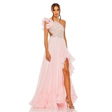 Mac Duggal 68480 Pink Ruffled One Shoulder Embellished Lace Up Gown Size 8 NWT