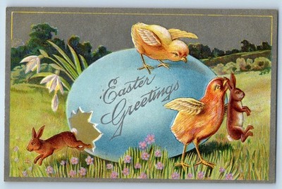 c1910's Easter Greetings Giant Hatched Egg Chicks Bunnies Winsch Back Postcard