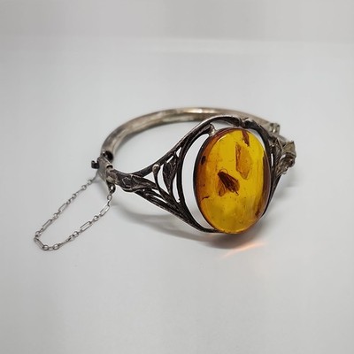 Vintage Sterling Silber Bernstein und Blätter Armreif Armband (fliegendes Insekt innen)
