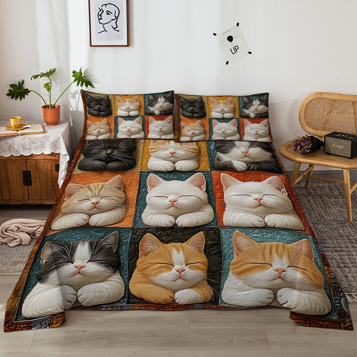 4pcs Kitten Cat Sheet Set, Fitted Sheet with 2 Pillowcases for Bedding Home Gift