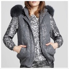 ALICE AND OLIVIA Gray Fox Fur and Sequin V