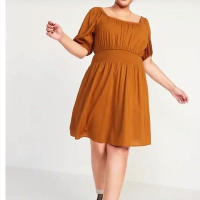 Old Navy Waist-Defined Puff-Sleeve Smocked Mini Dress Size 4X Dark Mustard NEW