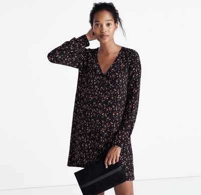 Madewell x Sezane Shirt Dress XS/S Elly 100% Silk Black Ditsy Floral Cottagecore