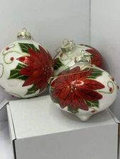 RAZ Imports Set Of 3 Christmas Ornaments Glittery Red Poinsettia