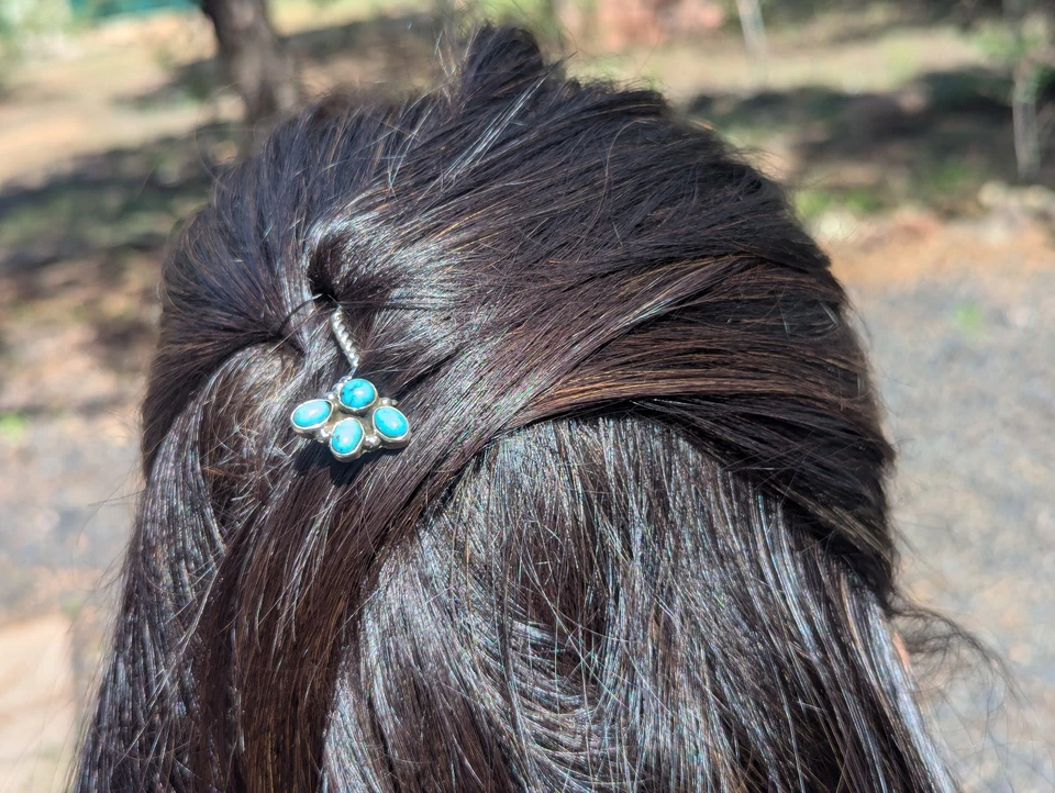 Navajo Hair Accessory | Kingman Turquoise | Sterling Silver Twisted Rope Pin Bun - Image 4 of 4